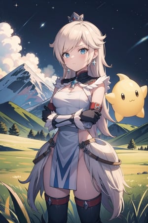 (masterpiece), nightsky, night, 1girl, Princess Rosalina, standing, hunting horn, grass, mountains, emotionless, posing, arms_crossed, crown, luma,Princess Rosalina,kirin armor