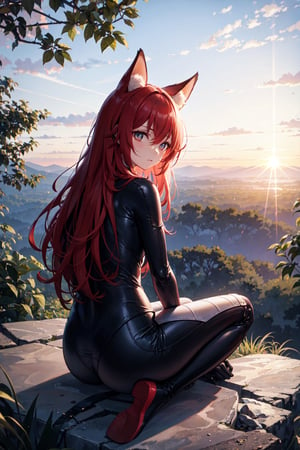 (masterpiece), outdoors, sitting, cliff, jungle, horizon, sunrise, 1girl, depressed look, looking back, full body suit, red hair, long hair, black_gloves, fur_in_ears, fox ears