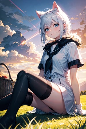 (masterpiece), outdoors, sitting, sunrise, lighting rays, picnic, girl, white hair, short hair, black_gloves, fur_in_ears, serafuku, sitting, white thigh highs