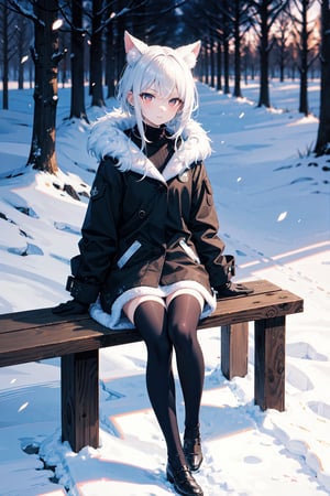 (masterpiece), outdoors, sitting, sunrise, winter, snow, light rays, sinister look, light particles, 1girl, short_white_hair ,fur_in_ears, black_thighhighs, black_gloves,  winter_clothes, standing at tree