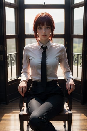 Best quality, masterpiece, ultra high res, (photorealistic:1.5), raw photo, 1girl, Beautiful eyes, cinematic, atmospheric effects, Makima, sitting on throne, wearing long sleeve shirt with tie, black pants, smiling, cross legs