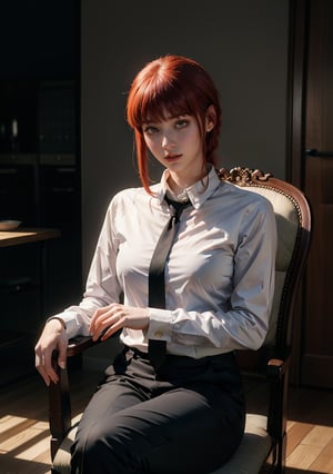 Best quality, masterpiece, ultra high res, (photorealistic:1.5), raw photo, 1girl, Beautiful eyes, cinematic, atmospheric effects, Makima, sitting on throne, wearing long sleeve shirt with tie, black pants, smiling, cross legs