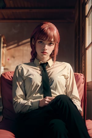 Best quality, masterpiece, ultra high res, (photorealistic:1.5), raw photo, 1girl, Beautiful eyes, cinematic, atmospheric effects, Makima, sitting on throne, wearing long sleeve shirt with tie, black pants, smiling, cross legs