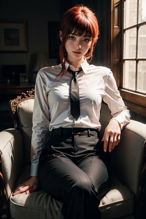 Best quality, masterpiece, ultra high res, (photorealistic:1.5), raw photo, 1girl, Beautiful eyes, cinematic, atmospheric effects, Makima, sitting on throne, wearing long sleeve shirt with tie, black pants, smiling, cross legs