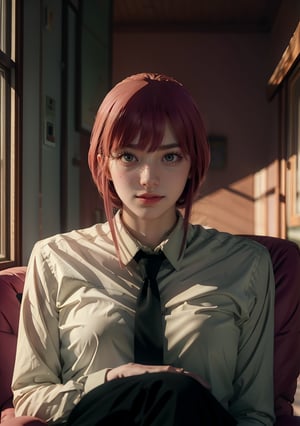 Best quality, masterpiece, ultra high res, (photorealistic:1.5), raw photo, 1girl, Beautiful eyes, cinematic, atmospheric effects, Makima, sitting on throne, wearing long sleeve shirt with tie, black pants, smiling