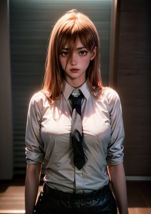 Best quality, masterpiece, ultra high res, (photorealistic:1.5), raw photo, 1girl, Beautiful eyes, cinematic, atmospheric effects, Power, wearing shirt and necktie, wearing black pants, smugging