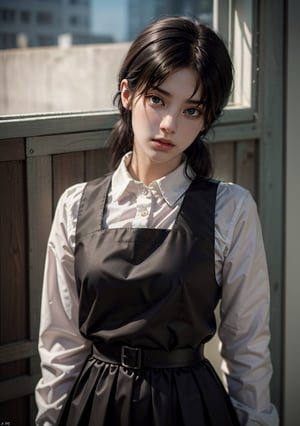 Best quality, masterpiece, ultra high res, (photorealistic:1.5), raw photo, 1girl, Beautiful eyes, cinematic, atmospheric effects, asa_mitaka, black hair, black ribbon, pinafore dress, black pinafore dress, brown eyes, manga, anime,