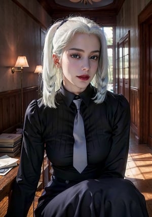 Best quality, masterpiece, ultra high res, (photorealistic:1.5), raw photo, 1girl, Beautiful eyes, cinematic, atmospheric effects, Mei mei, Black suit, White necktie, white hair, sitting down