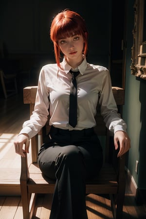 Best quality, masterpiece, ultra high res, (photorealistic:1.5), raw photo, 1girl, Beautiful eyes, cinematic, atmospheric effects, Makima, sitting on throne, wearing long sleeve shirt with tie, black pants, smiling, cross legs