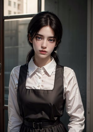 Best quality, masterpiece, ultra high res, (photorealistic:1.5), raw photo, 1girl, Beautiful eyes, cinematic, atmospheric effects, asa_mitaka, black hair, black ribbon, pinafore dress, black pinafore dress, brown eyes, manga, anime,