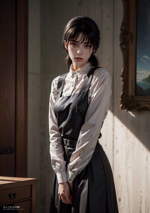 Best quality, masterpiece, ultra high res, (photorealistic:1.5), raw photo, 1girl, Beautiful eyes, cinematic, atmospheric effects, asa_mitaka, black hair, black ribbon, pinafore dress, black pinafore dress, brown eyes, manga, anime,