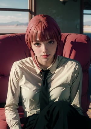 Best quality, masterpiece, ultra high res, (photorealistic:1.5), raw photo, 1girl, Beautiful eyes, cinematic, atmospheric effects, Makima, sitting on throne, wearing long sleeve shirt with tie, black pants, smiling