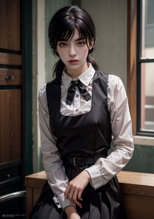 Best quality, masterpiece, ultra high res, (photorealistic:1.5), raw photo, 1girl, Beautiful eyes, cinematic, atmospheric effects, asa_mitaka, black hair, black ribbon, pinafore dress, black pinafore dress, brown eyes, manga, anime,