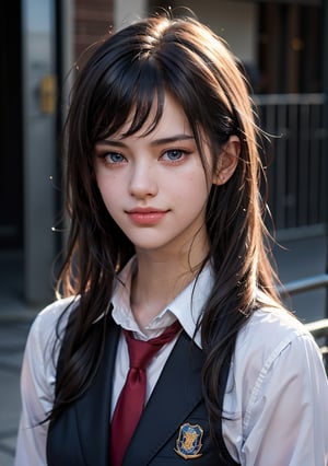 Best quality, masterpiece, ultra high res, (photorealistic:1.5), raw photo, 1girl, Beautiful eyes, cinematic, atmospheric effects, School girl, School uniform, teasy look. smirk, smug