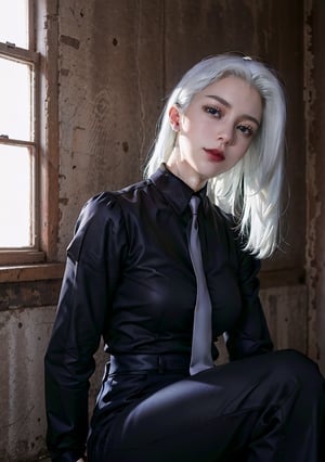 Best quality, masterpiece, ultra high res, (photorealistic:1.5), raw photo, 1girl, Beautiful eyes, cinematic, atmospheric effects, Mei mei, Black suit, White necktie, white hair, sitting down