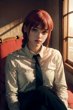 Best quality, masterpiece, ultra high res, (photorealistic:1.5), raw photo, 1girl, Beautiful eyes, cinematic, atmospheric effects, Makima, sitting on throne, wearing long sleeve shirt with tie, black pants, smiling