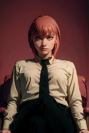 Best quality, masterpiece, ultra high res, (photorealistic:1.5), raw photo, 1girl, Beautiful eyes, cinematic, atmospheric effects, Makima, sitting on throne, wearing long sleeve shirt with tie, black pants, smiling, cross legs, yellow eyes, serious face, dominating look