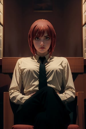 Best quality, masterpiece, ultra high res, (photorealistic:1.5), raw photo, 1girl, Beautiful eyes, cinematic, atmospheric effects, Makima, sitting on throne, wearing long sleeve shirt with tie, black pants, smiling, cross legs, yellow eyes, serious face, dominating look