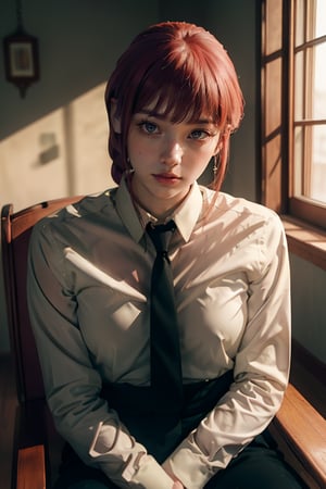 Best quality, masterpiece, ultra high res, (photorealistic:1.5), raw photo, 1girl, Beautiful eyes, cinematic, atmospheric effects, Makima, sitting on throne, wearing long sleeve shirt with tie, black pants