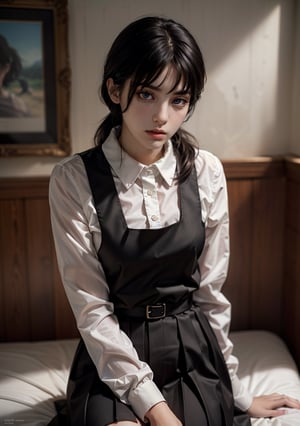 Best quality, masterpiece, ultra high res, (photorealistic:1.5), raw photo, 1girl, Beautiful eyes, cinematic, atmospheric effects, asa_mitaka, black hair, black ribbon, pinafore dress, black pinafore dress, brown eyes, manga, anime,