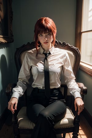 Best quality, masterpiece, ultra high res, (photorealistic:1.5), raw photo, 1girl, Beautiful eyes, cinematic, atmospheric effects, Makima, sitting on throne, wearing long sleeve shirt with tie, black pants, smiling, cross legs