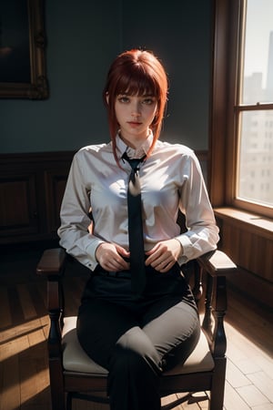 Best quality, masterpiece, ultra high res, (photorealistic:1.5), raw photo, 1girl, Beautiful eyes, cinematic, atmospheric effects, Makima, sitting on throne, wearing long sleeve shirt with tie, black pants, smiling, cross legs