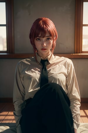 Best quality, masterpiece, ultra high res, (photorealistic:1.5), raw photo, 1girl, Beautiful eyes, cinematic, Makima, sitting on throne, wearing long sleeve shirt with tie, black pants