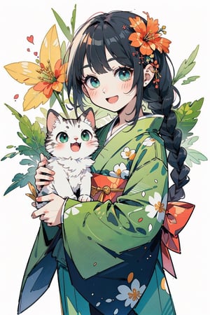 (masterpiece, best quality, highres:1.3), ultra resolution image, (1girl), (solo), little girl,  kimono, kawaii, black twin braid, fringe, emerald eyes, happy, flowers: 1.2, cat