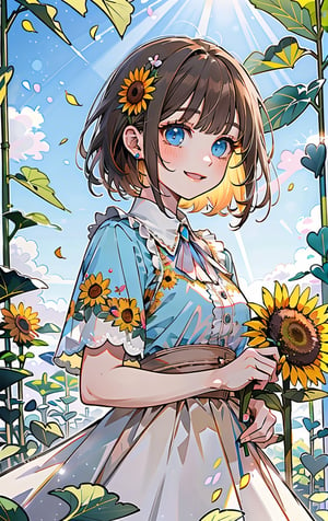 (masterpiece, best quality, highres:1.3), ultra resolution image, (1girl), (solo), kawaii, brown hair, short hair, fringe, blue eyes, petal, sparkling magic, (soft sunlight:1.3), fantasy, nature accessories, happy, sunflowers, sunflower field, lolita, dress,glitter,shiny