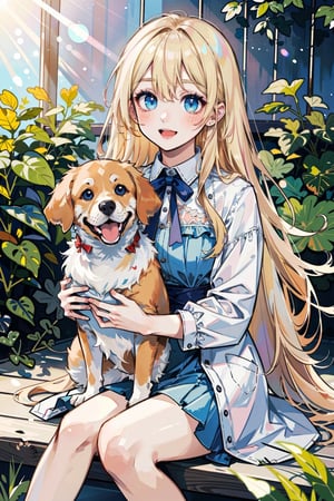 (masterpiece, best quality, highres:1.3), ultra resolution image, (1girl), (solo), kawaii, blond hair, long hair, blue eyes, (soft sunlight:1.3), happy, dress, blue ribbon, dog, golden_retriever 