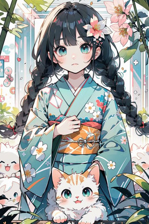 (masterpiece, best quality, highres:1.3), ultra resolution image, (1girl), (solo), little girl,  kimono, kawaii, black twin braid, fringe, emerald eyes, (soft sunlight:1.3), white flowers, flowers: 1.2, cat
