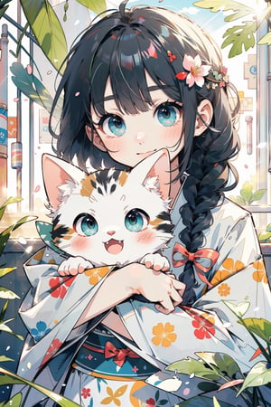 (masterpiece, best quality, highres:1.3), ultra resolution image, (1girl), (solo), kawaii, little girl,  kimono, kawaii, black twin braid, fringe, emerald eyes, (soft sunlight:1.3), white flowers,cat