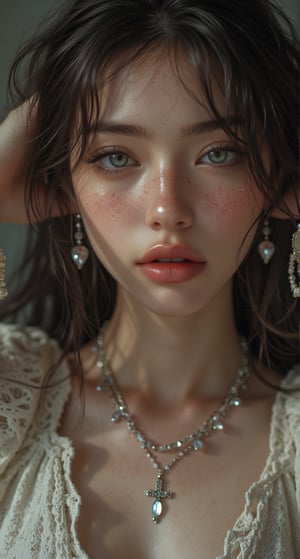 full body camera shot, A striking young woman with an intense yet sweet gaze. She raise her armpit and show them. She has little freckles on the cheek. she wear crystal necklace and cross earring. camera view from head until waist. very high quality photo. very detailed quality photo.
