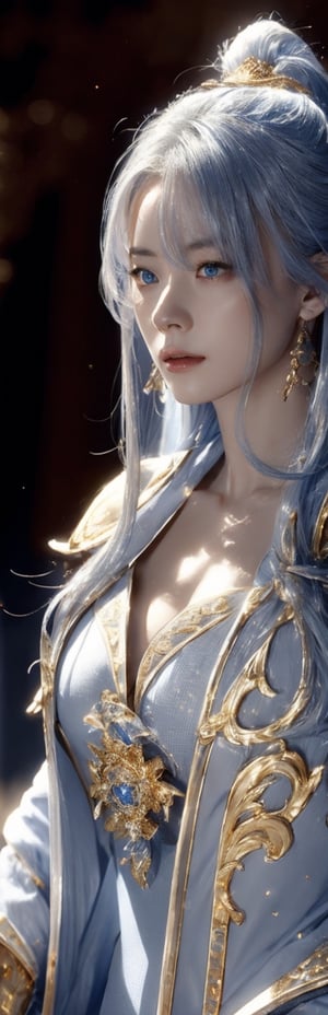 best quality, high resolution, 8k, realistic, sharp focus, photorealistic image of a graceful white haired lady, blue eyes, this lady wearing golden armor with golden magical bell in her possesion, shiny skin, ice theme, huoshen, zhurongshi, huoshen, blurry_light_background, EpicSky,1 girl,hyojoo