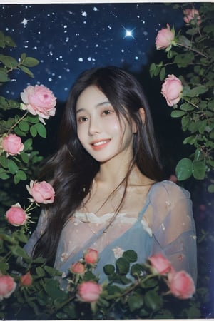 1girl, portrait of a girl, aoqun, Chinese style, vivid polaroid, film, grainy feeling, garden full of roses, night, milky way, shooting star, bright light from above, long hair, nude, hair blowing in the wind, flower leaves floating lost, smile, coolness, realistic, high resolution, high detail, photo, RAW, real life, xxmix_girl