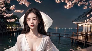 Masterpiece,{{{Top Quality}}},(Illustrations)),{{{Highly Detailed CG Uniformity 8k ,Gorgeous,Movie Lighting,long_focus,Female,(Huge_Breasts,Huge_Breasts)High Detail, Dark Night, Wind Flying white transparent cape, angel wings, long hair blowing in the wind, Asian girl, (nsfw, nude, nipples, nipples), wooden walkway by the lake, dark night, milky way and stars shining in the sky, rose flowers on the side of the road , big cherry blossom tree background, Go yoon jung