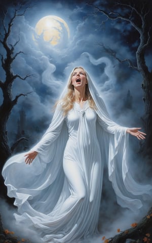 A painting of a ghost standing in front of a full moon, an airbrush painting by James Ryman. A ghost rapes a sleeping woman lying on her back. The ghost spreads the woman's legs and pushes the ghost's cock into the woman's vagina. When I put it in, semen and bodily fluids overflow from the vagina. Woman orgasms from sex with ghost, moans with open mouth, sticks out tongue and caresses the ghost, fantasy art, halloween wallpaper with ghost, white cloak, cute and funny ghost, glowing swirling fog, white silver painting, hollow, scream, raz and thomas kinkade, haunting faces