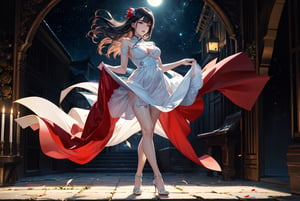 Best quality, high resolution, 8k, realistic and sharp focus,(((full body;1.3))),Woman in sexy white and light blue red dress with tight and deep cleavage created by famous artist ,Space Sky, Moon, windy, dark mode, swaying dress, 1 woman, very intricate details, two people in one frame, fantastic feathers, vibrant colors, garden covered with gypsum roses, beautiful face, beautiful eyes, sparks, blowing in the wind. Korean girl with flower leaves, hair blowing in the wind, dress, body facing forward, beautiful body, 20 years old,1 girl