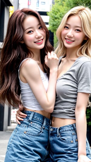 masterpiece, best quality, 2girl, twins, shiny skin, cinematic lighting, small breasts, pale skin, alive skin, looking at each other, messy hair, blonde hair, blue eyes, autumn, outdoors, smile, blush, windy, short jeans and  loose t-shirt, walking, city, shopping, dynamic angle, close-up, ultra-detailed, 8k, rtx, ambient occlusion, rim lighting, bustling, fingersmile, finger to mouth
,perfect