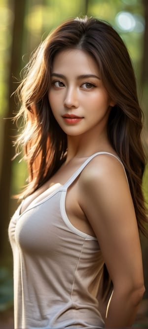 (Masterpiece, Top Quality, Photorealistic, Highly Fine and Fine Detail, High Resolution, 8K Wallpaper) Close-up portrait of one beautiful woman standing in the forest, looking at the sunlight in the morning and smiling. Happily, light brown messy long hair, unkempt hair, exposed breasts, big size large breasts, silver tank top, armpits, sharp focus, big breasts, cleavage, perfect and dynamic composition, beautiful detailed eyes, detailed hair , detailed and realistic skin texture, strong morning sunlight,