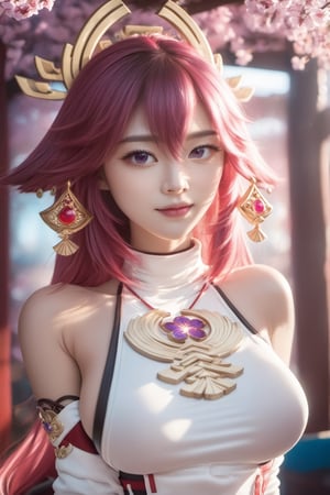 best quality, ultra high res, (photorealistic:1.4), 1girl, lace trim,(rouge hair:1.4), hair ornament, (natural C cup breasts, round breasrs, medium perfect breasts:1.2), looking at viewer, gold crown, gold necklace,, earrings, bracelet, armlet, Japanese background, ultra detailed background, cherry blossoms background, Yae miko, dark red eyes, glowing eyes, double eyelids, (realistic skin, skin texture, natural skin:1.6), (layered bangs, Slender Abs, sparkling:1.4), dynamic pose, dynamic angles, sexy pose, perfect slim body, detailed photograph, Side lighting, dslr, telephoto lens, cinematic lighting, Phase One XF IQ4 150MP, Zoom lens, Neon Light, Canon eos 5d mark 4, 35mm, Disgusting, Lens Flare, Canon RF, L USM, Direct light, Kodak portra 400, F/2. 8, broad lighting, Fujifilm XT3, F/14, fair and pinkish realistic skin, skin pores, (mole:0.8), beautiful armpits, silky-smooth armpits,yaemikodef,yae miko,korean girl,hair ornament,japanese clothes