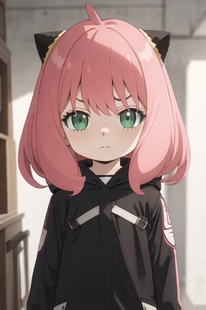 best quality, masterpiece, highres, solo, (anya_forger_spyxfamily:1.15), pink_hair, female_child, child, green_eyes, open_mouth, bangs, 1girl, closed_mouth, meme, ahoge, upper_body, frown, medium_hair