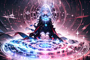 1girl, magic circle_v2.0:0.8,magic circle,portrait,kneeling, silver_hair, violet_background, blue, detailed_face, perfect_eyes, sacred, spooky
