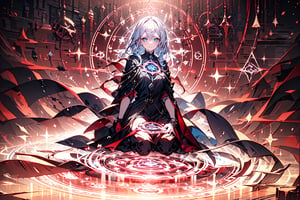 1girl, magic circle_v2.0:0.8,magic circle,portrait,kneeling, silver_hair, violet_background, blue, detailed_face, perfect_eyes, sacred, spooky
