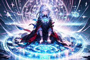 1girl, magic circle_v2.0:0.8,magic circle,portrait,kneeling, silver_hair, violet_background, blue, detailed_face, perfect_eyes, orchestral, sacred
