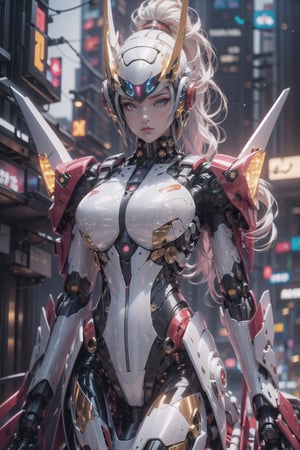 (masterpiece), science fiction, city, scenery, whole body, 1girl, long hair, ponytail, blond hair color, light blue eyes, mecha headgear, panoramic wide angle, Red sci-fi bodysuits color, on a TREADMILL, running,mecha