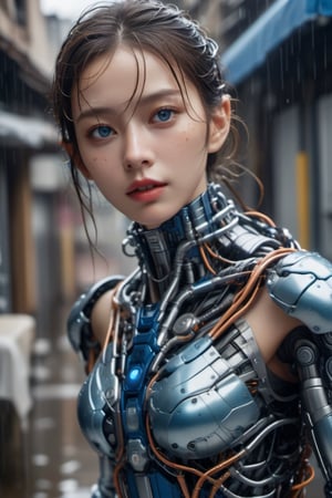 1girl,blue eyes, solo,cybirg style, ,metallic texture, cyborg, wire, cable, android, mechanical body part, hd, looking_at_viewer,Rain scene, Being soaked by the rain,moving expression,Real and touching,upper body, Cinematic visual effects,aesthetic portrait,The face is detailed and clear,Distressed facial expression,lips slightly parted