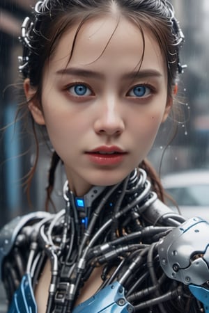 1girl,blue eyes, solo,cybirg style, ,metallic texture, cyborg, wire, cable, android, mechanical body part, hd, looking_at_viewer,Picture of looking in from the outside in the rain, get wet by rain,moving expression,Real and touching,upper body, Cinematic visual effects,aesthetic portrait,The face is detailed and clear,Distressed facial expression,lips slightly parted,Look of fear