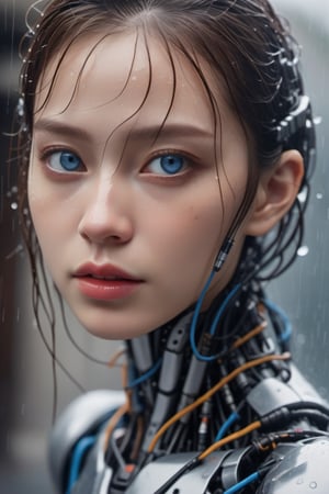 1girl,blue eyes, solo,cybirg style, cyborg, wire, cable, android, mechanical body part, hd, looking_at_viewer,Picture of looking in from the outside in the rain, get wet by rain,moving expression,Real and touching,close up, Cinematic visual effects,aesthetic portrait,The face is detailed and clear