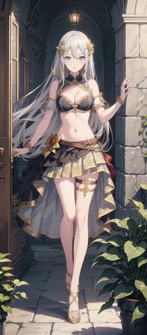 masterpiece, illustration, semi-anime, best detailed, Clear picture, 8K,  beautiful face, looking at viewer ,(masterpiece, high quality:1.2),
Short Skirt, navel, medium_breasts, narrow waist, garden, lustrous skin, leaning, cleavage, blonde_hair, happy ,sexy, thigh high, long hair, bare_shoulders, bikini, slender body